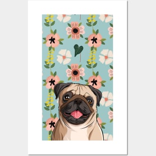 Pug Dog Head with Spring Flower Pattern Background Posters and Art